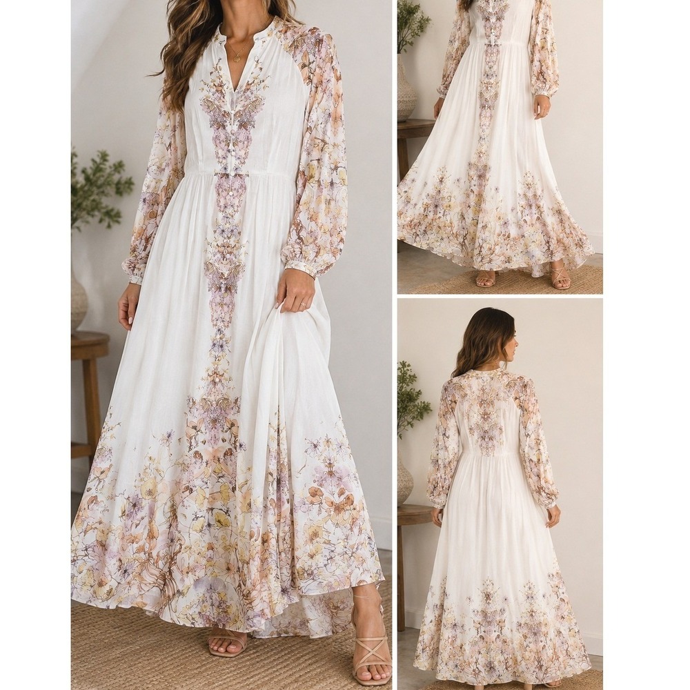 ⭐️Floral Maxi Dress Puff Sleeve Boho Cottagecore Prairie Romantic Quiet Luxury M
